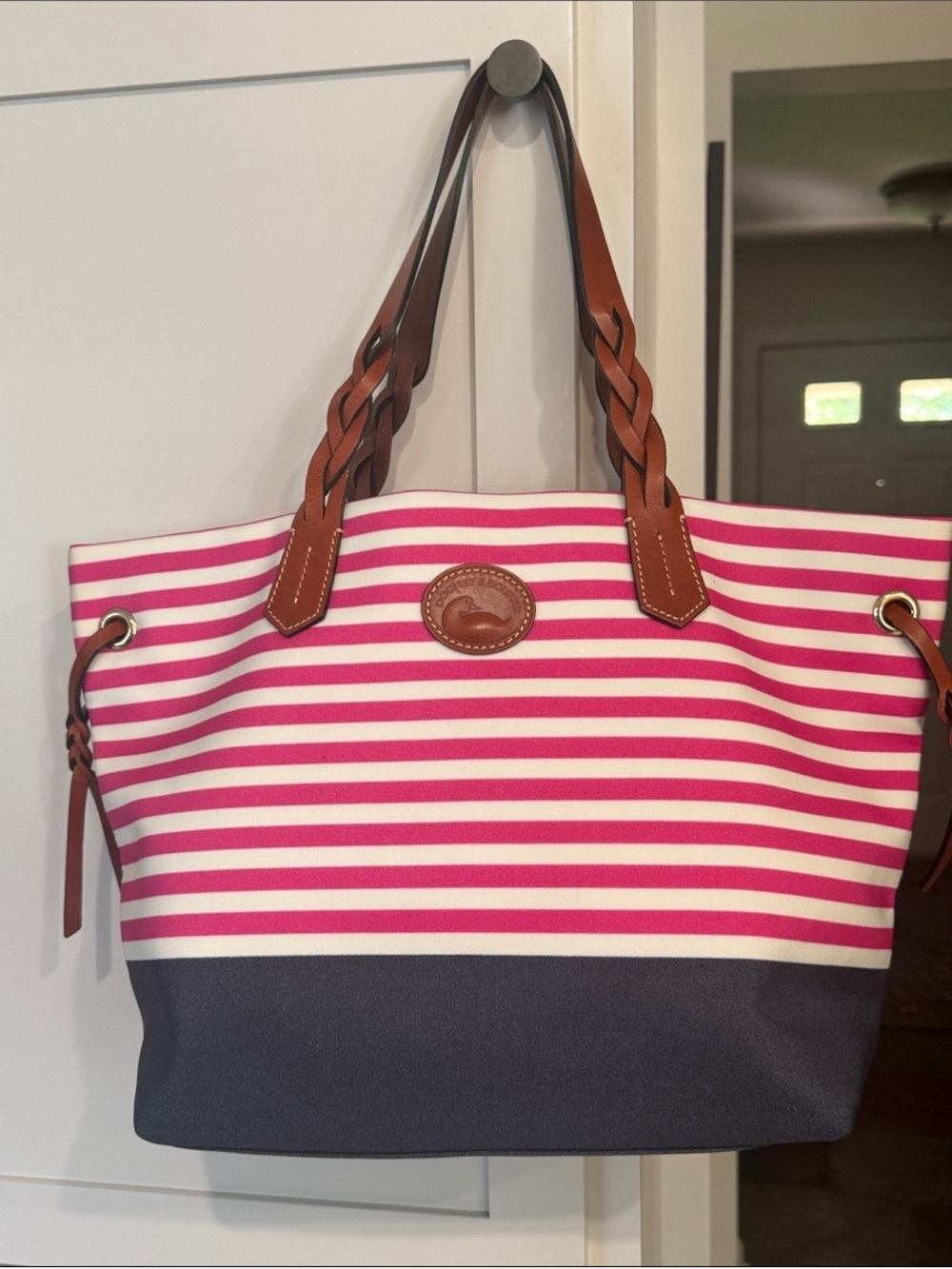 Dooney & Bourke Pink and Navy Striped Tote with Brown Leather Handles. Like New